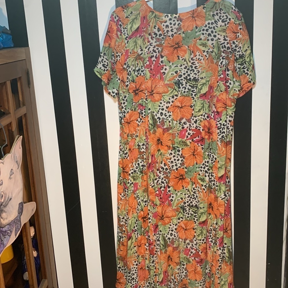 Floral Print Dress Orange and Green Tropical Caftan Miu Miu MooMoo Cover Up - Picture 3 of 7